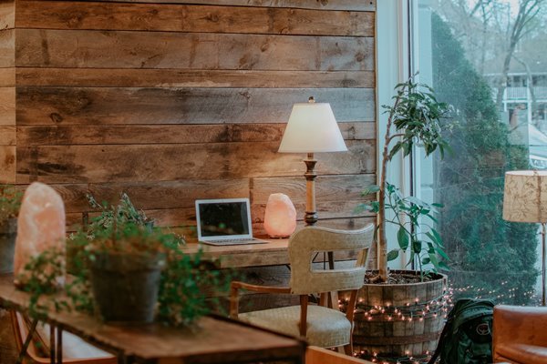 Coworking space with wooden accents and furniture